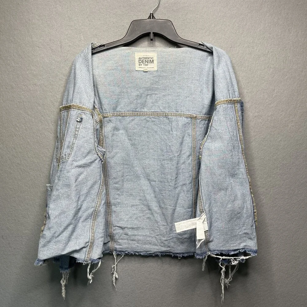 Zara TRF Authentic Denim Oversized Collarless Distressed Jean Jacket Multi - Picture 5 of 7
